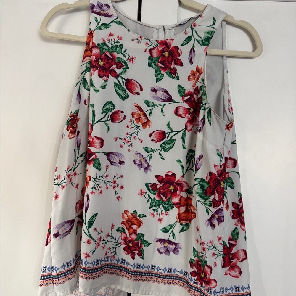 Floral Sleeveless Top - White with Red and Purple Flowers